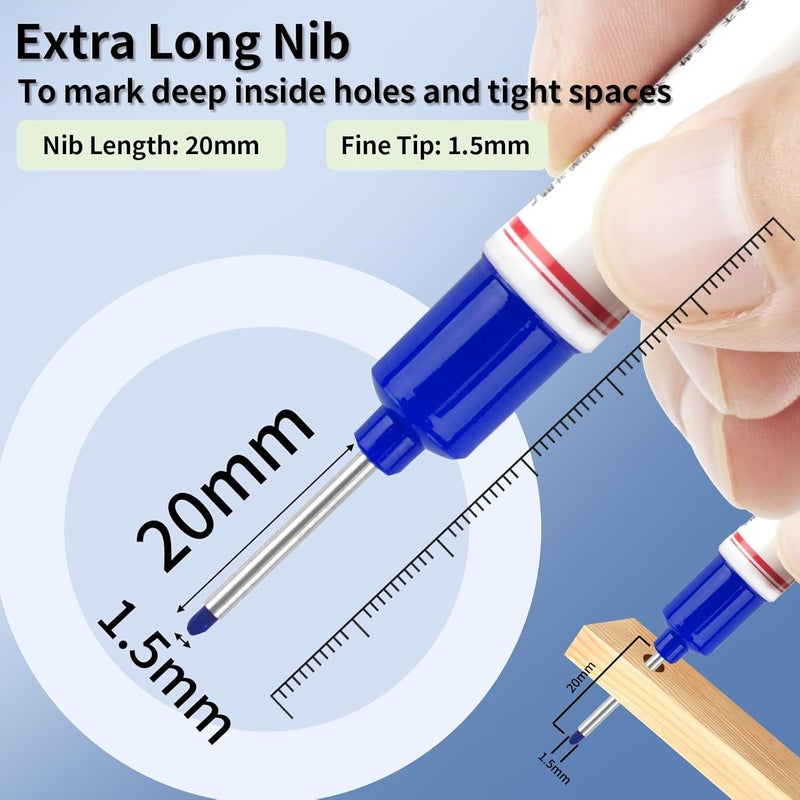 Mkobon 15 Pcs Long Head Deep Hole Marker, 20 mm Long Nose Nib Deep Reach Metal Marking Pen, Quick-drying Waterproof Permanent Pens For Carpenter, Woodworking, Construction (Blue) - Image 2